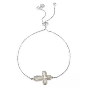 Unwritten Gratitude & Grace Silver Plate CZ Mother-of-Pearl Cross Bolo Bracelet